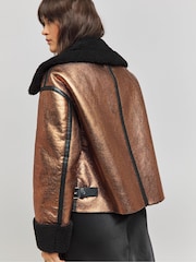 Simply Be Metallic Copper Shearling Aviator Coat - Image 2 of 4