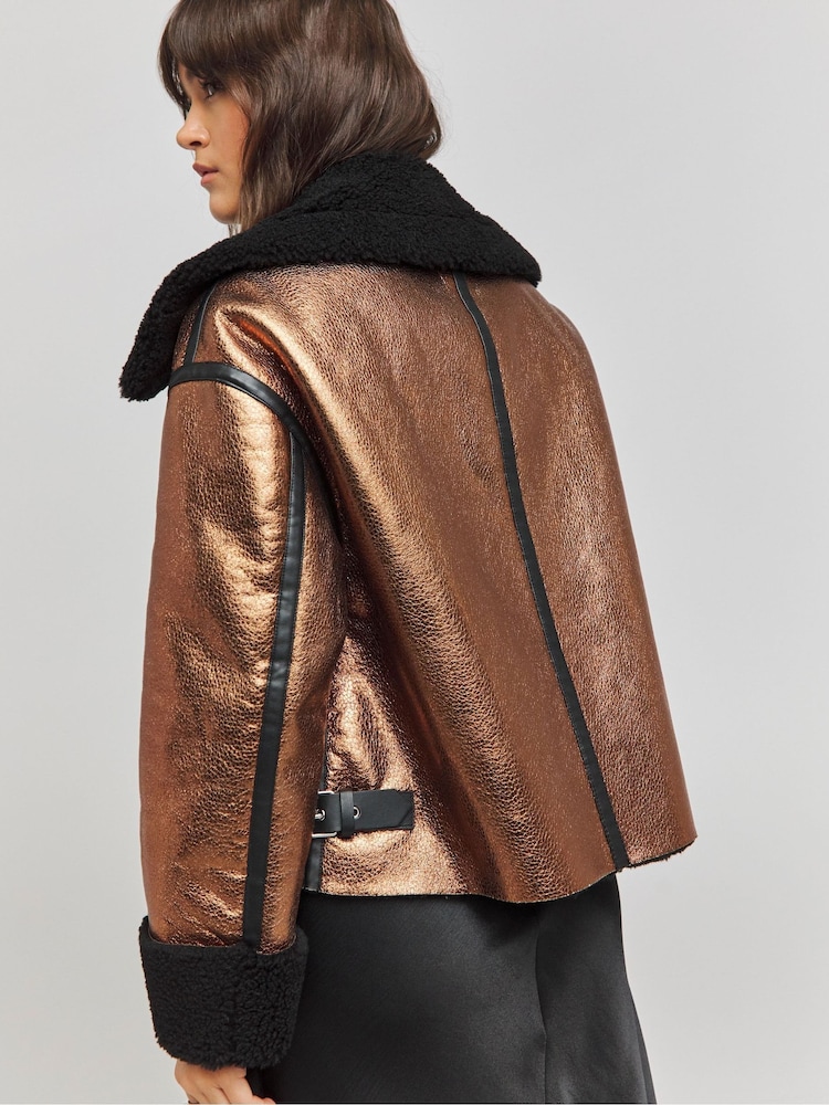 Simply Be Metallic Copper Shearling Aviator Coat - Image 2 of 4