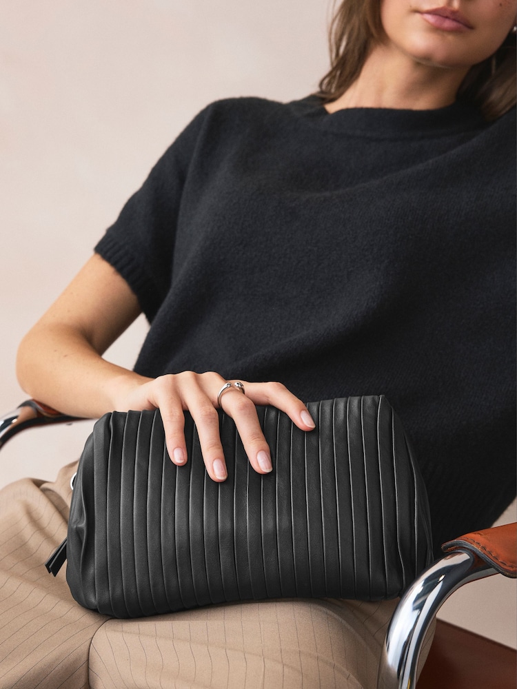 Black Leather Plisse Clutch Bag - Image 1 of 9