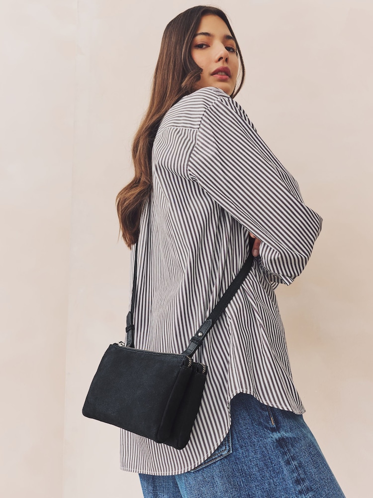 Navy Blue Suede Double Zip Cross-Body Bag - Image 1 of 7