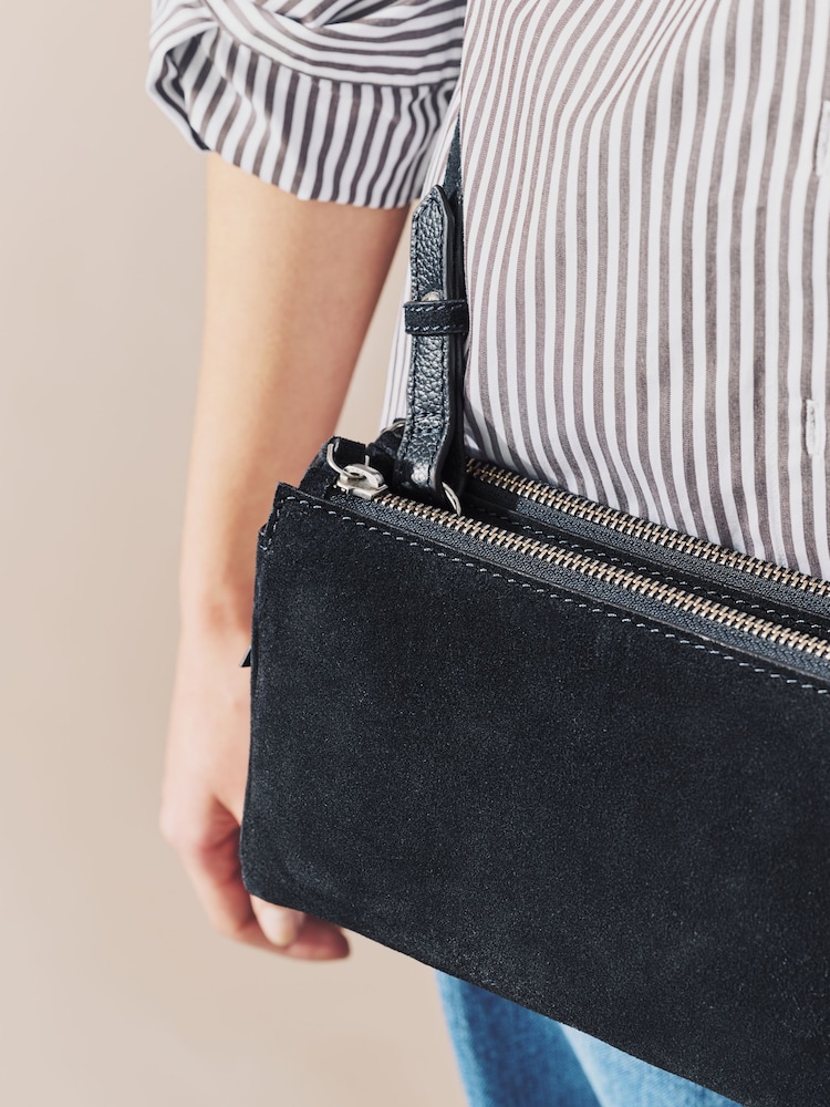 Navy Blue Suede Double Zip Cross-Body Bag - Image 2 of 7