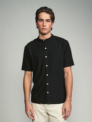 Noir - T-shirt grand-père texturé boutonné - Image 1 of 7