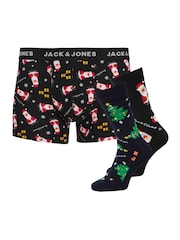 JACK & JONES JUNIOR Festive Christmas Black Socks And Boxers Gift Set - Image 1 of 2