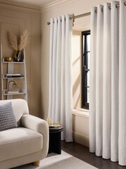 White Crinkle Chenille Eyelet Lined Curtains - Image 1 of 5