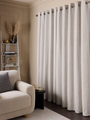 White Crinkle Chenille Eyelet Lined Curtains - Image 2 of 5