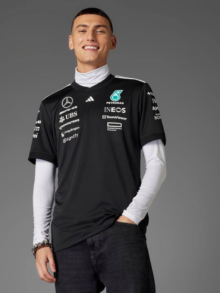 adidas Black/White Mercedes AMG Petronas Formula One Team Black Driver Jersey - Image 1 of 7 adidas Black/White Mercedes AMG Petronas Formula One Team Black Driver Jersey - Image 1 of 7