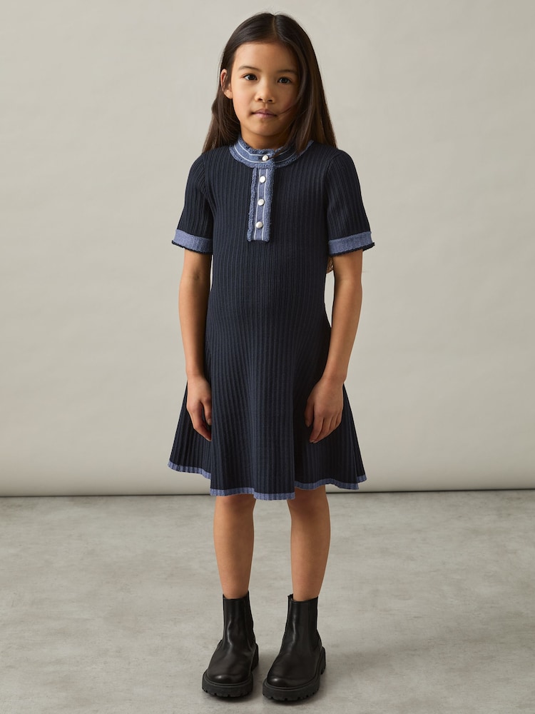 Reiss Navy Ruby 4-9 yrs Contrast-Trim Rib-Knit Dress - Image 1 of 4