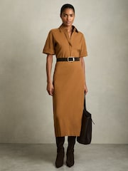 Reiss Mustard Astrid Jersey Open-Collar Bodycon Dress - Image 1 of 5