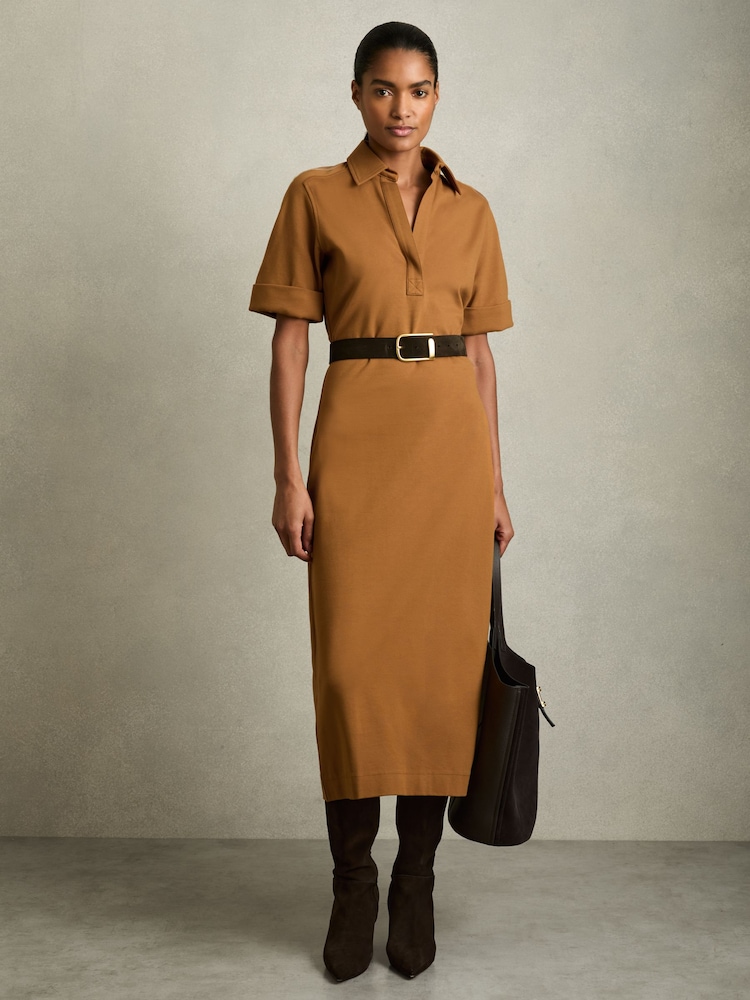 Reiss Mustard Astrid Jersey Open-Collar Bodycon Dress - Image 1 of 5