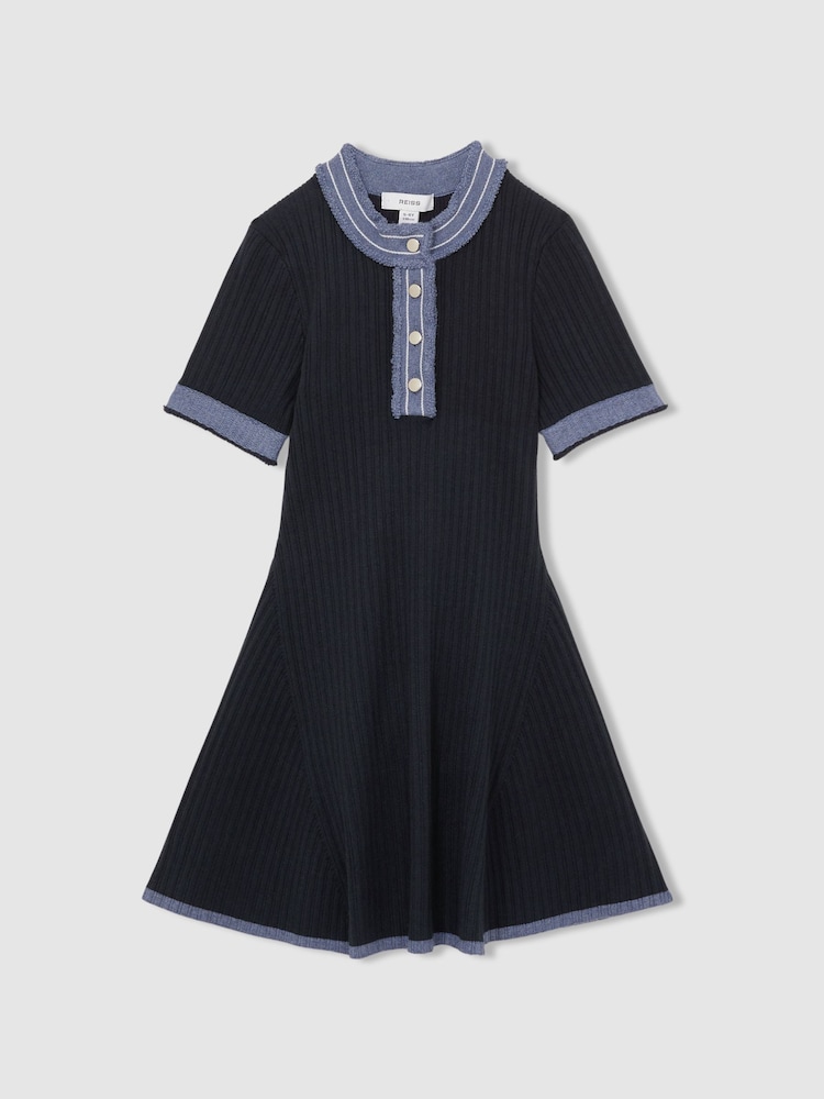 Reiss Navy Ruby 13-14 yrs Contrast-Trim Rib-Knit Dress - Image 1 of 4