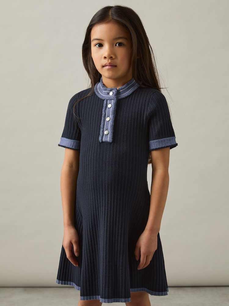 Reiss Navy Ruby 13-14 yrs Contrast-Trim Rib-Knit Dress - Image 3 of 4