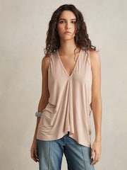 Reiss Pink Freya Draped V-Neck Sleeveless Top - Image 1 of 6