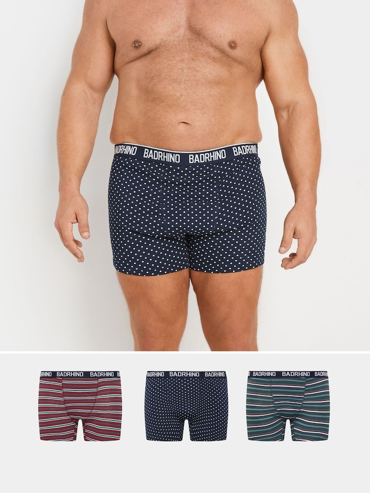 BadRhino Big & Tall Navy Blue Stripe & Spot Trunks 3 Pack - Image 1 of 8