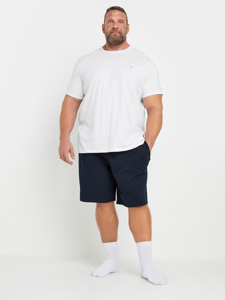 BadRhino Big & Tall White & Navy Blue Lounge 100% Cotton Shorts & T-Shirt Set - Image 1 of 7