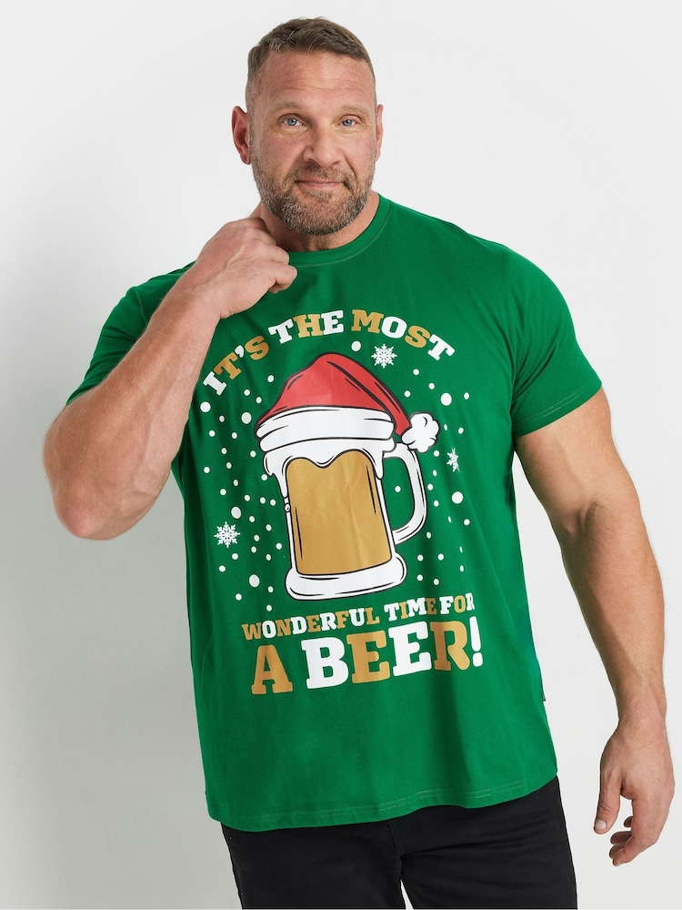 BadRhino Big & Tall Green 100% Cotton Christmas Beer T-Shirt - Image 1 of 3