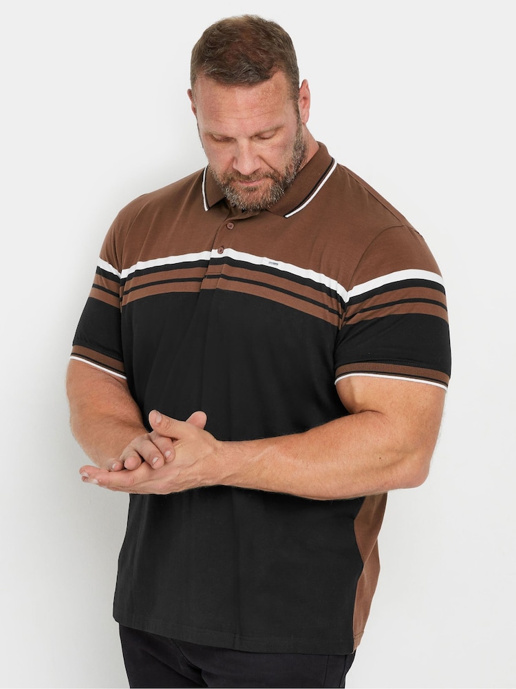 Коричневый - Трикотажная рубашка поло из 100% хлопка в полоску BadRhino Big & Tall - Image 1 of 3