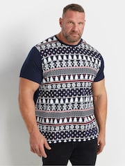 BadRhino Big & Tall Blue 100% Cotton Christmas Fairisle Pattern T-Shirt - Image 1 of 3