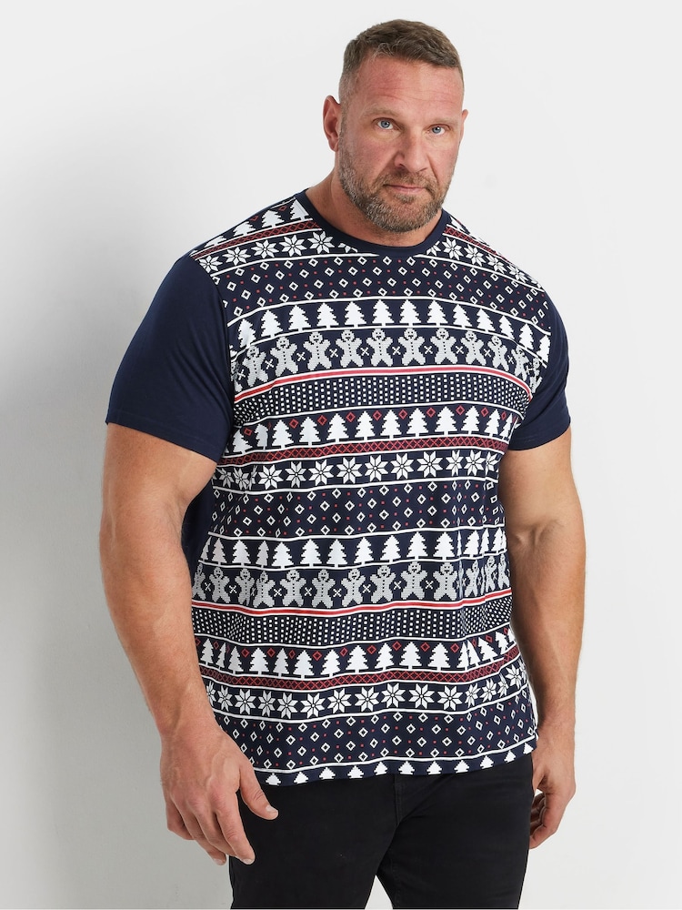 BadRhino Big & Tall Blue 100% Cotton Christmas Fairisle Pattern T-Shirt - Image 1 of 3