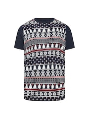 BadRhino Big & Tall Blue 100% Cotton Christmas Fairisle Pattern T-Shirt - Image 2 of 3