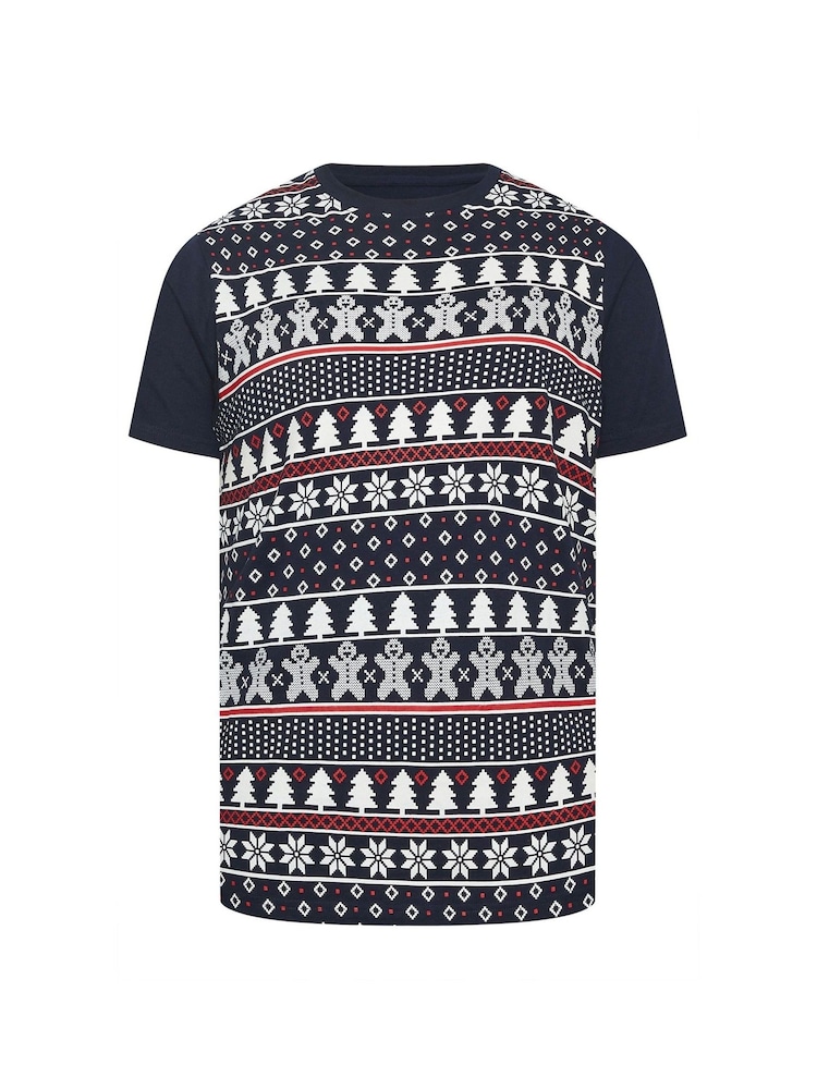 BadRhino Big & Tall Blue 100% Cotton Christmas Fairisle Pattern T-Shirt - Image 2 of 3