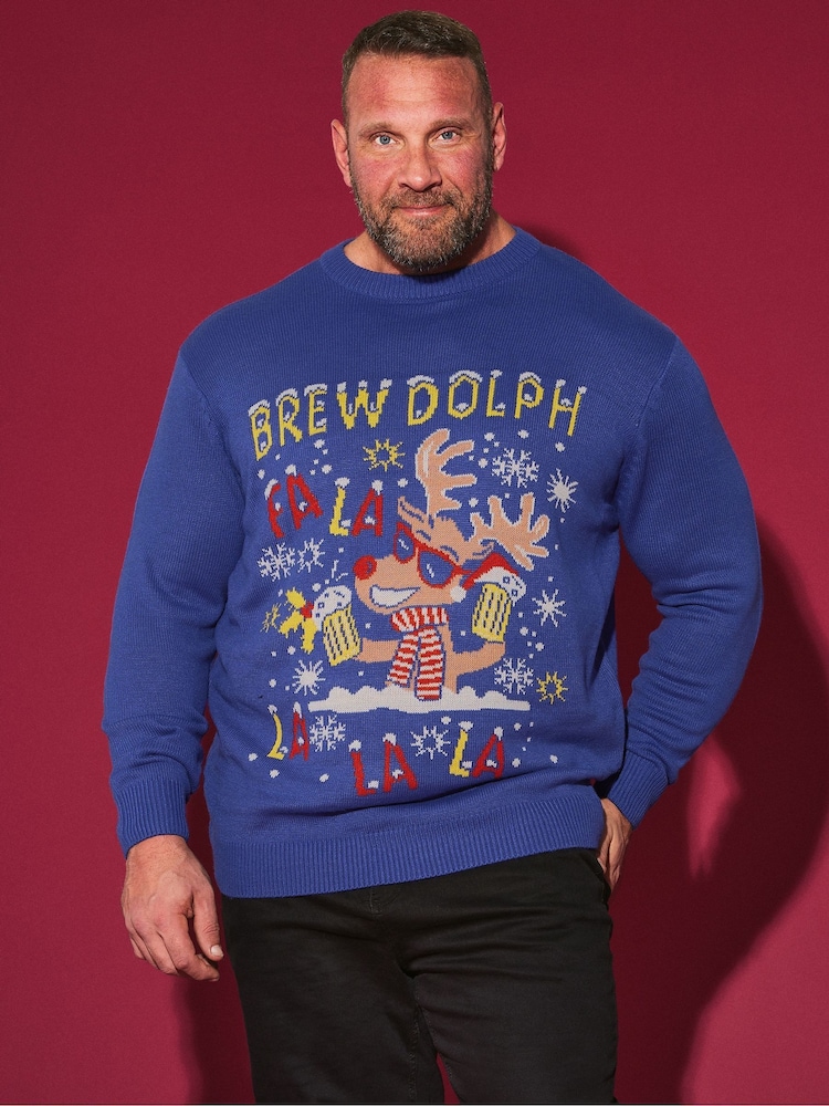 BadRhino Big & Tall Blue Brewdolph Christmas Jumper - Image 3 of 5