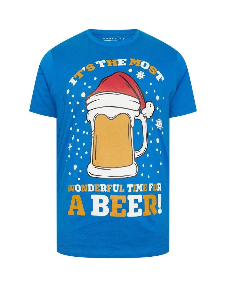 BadRhino Big & Tall Blue 100% Cotton Christmas Beer T-Shirt - Image 2 of 3 BadRhino Big & Tall Blue 100% Cotton Christmas Beer T-Shirt - Image 2 of 3