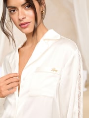 Lipsy Ivory Satin Long Sleeve Pyjamas Set with Lace Details - Image 4 of 5