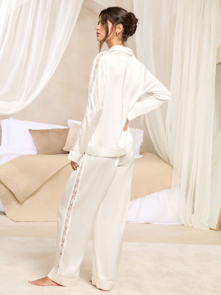 Lipsy Ivory Satin Long Sleeve Pyjamas Set with Lace Details - Image 5 of 5
