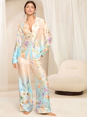 Lipsy Blue Long Sleeve Printed Satin Pjyama Set - Image 1 of 5