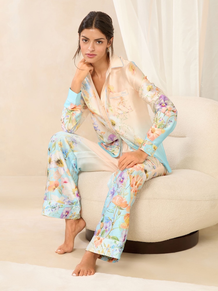 Lipsy Blue Long Sleeve Printed Satin Pjyama Set - Image 4 of 5