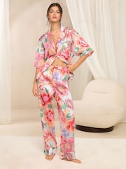 Lipsy Pink Floral Relaxed Long Sleeve Printed Satin Pyjama Set - Image 1 of 4