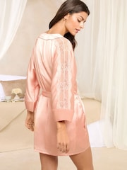Lipsy Pink Satin Mini Dressing Gown Robe with Lace Detailing - Image 4 of 4