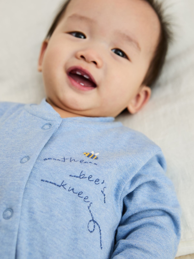 JoJo Maman Bébé Blue Cotton Footed Appliqué Popper Sleepsuit - Image 3 of 6