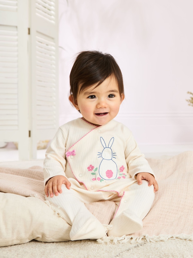 JoJo Maman Bébé Stone Cotton Footed Embroidered Cross-Over Sleepsuit - Image 2 of 6
