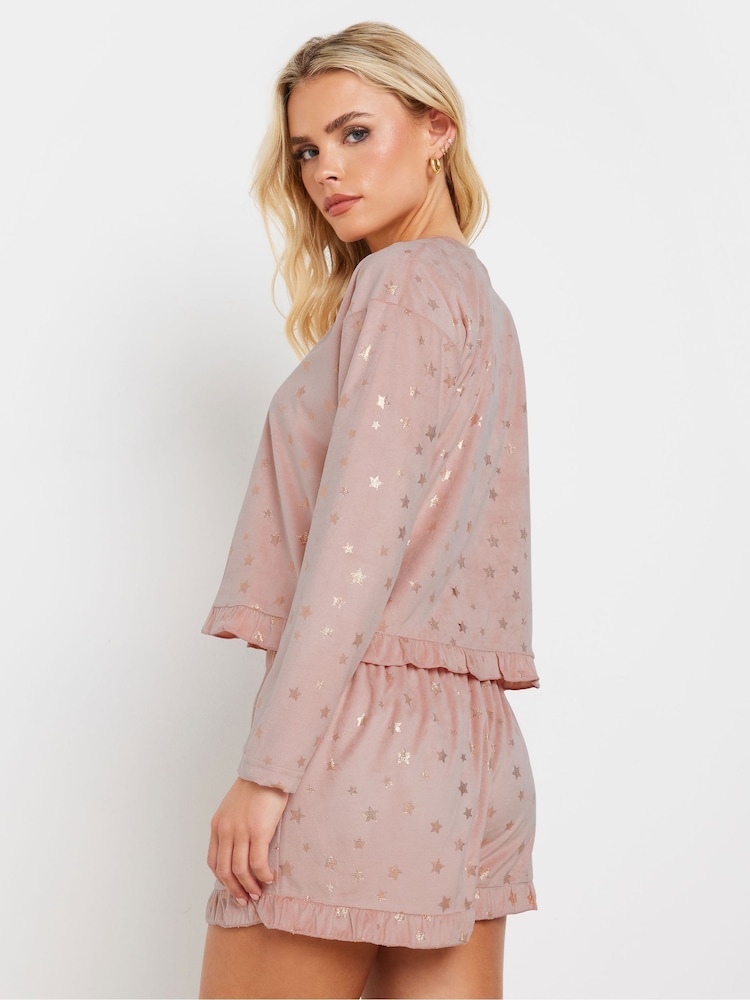 PixieGirl Petite Pink Luxe Fleece Foil Star Pyjama Short Set - Image 3 of 5