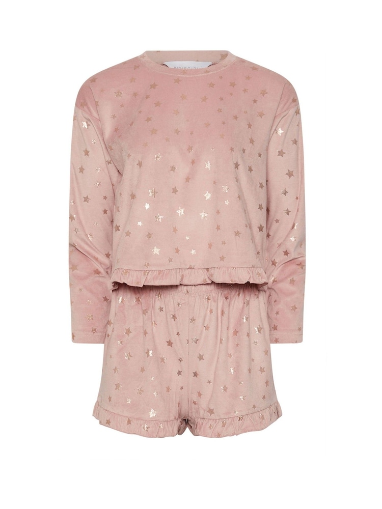 PixieGirl Petite Pink Luxe Fleece Foil Star Pyjama Short Set - Image 5 of 5