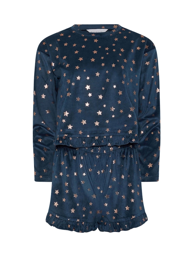 أزرق - PixieGirl Petite Luxe Fleece Foil Star Pyjama Short Set - صورة 6 من 6