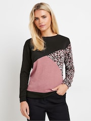 M&Co Pink Petite Animal Print Colourblock Top - Image 1 of 5