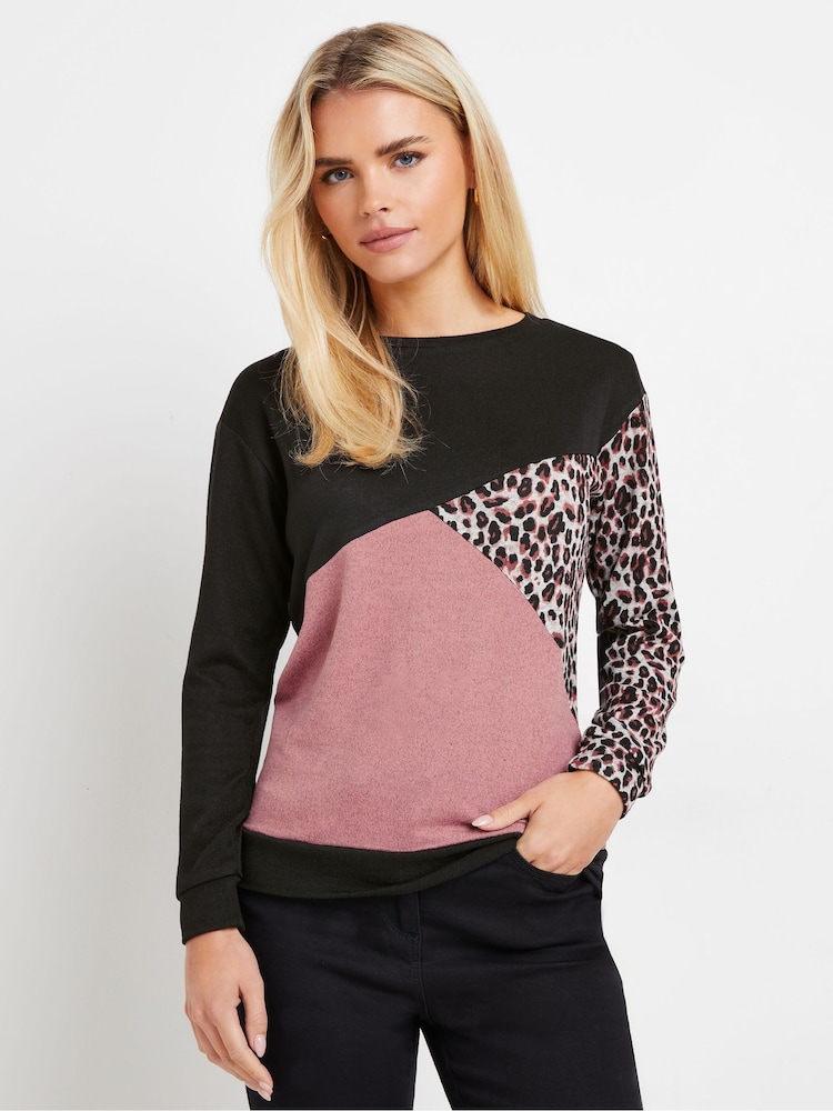 M&Co Pink Petite Animal Print Colourblock Top - Image 1 of 5