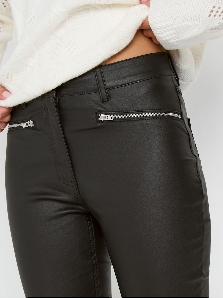 M&Co Black Petite Coated Skinny Zip Trousers - Image 4 of 5