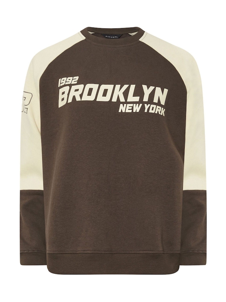 PixieGirl Petite Chocolate Brown Brooklyn Slogan Sweatshirt - Image 5 of 5