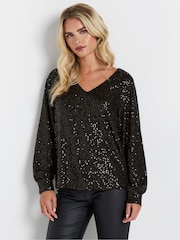 M&Co Black Petite V-Neck Long Sleeve Sequin Top - Image 1 of 5