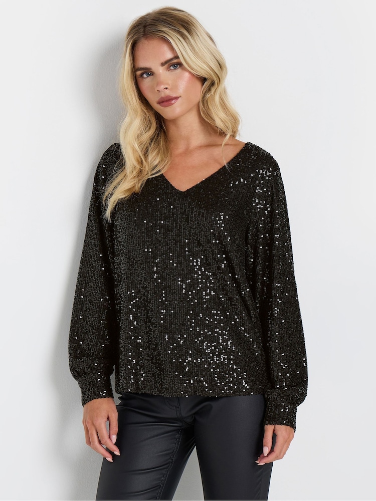 M&Co Black Petite V-Neck Long Sleeve Sequin Top - Image 1 of 5 M&Co Black Petite V-Neck Long Sleeve Sequin Top - Image 1 of 5