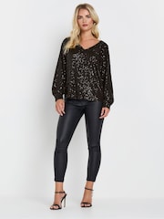 M&Co Black Petite V-Neck Long Sleeve Sequin Top - Image 2 of 5