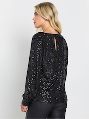 M&Co Black Petite V-Neck Long Sleeve Sequin Top - Image 3 of 5