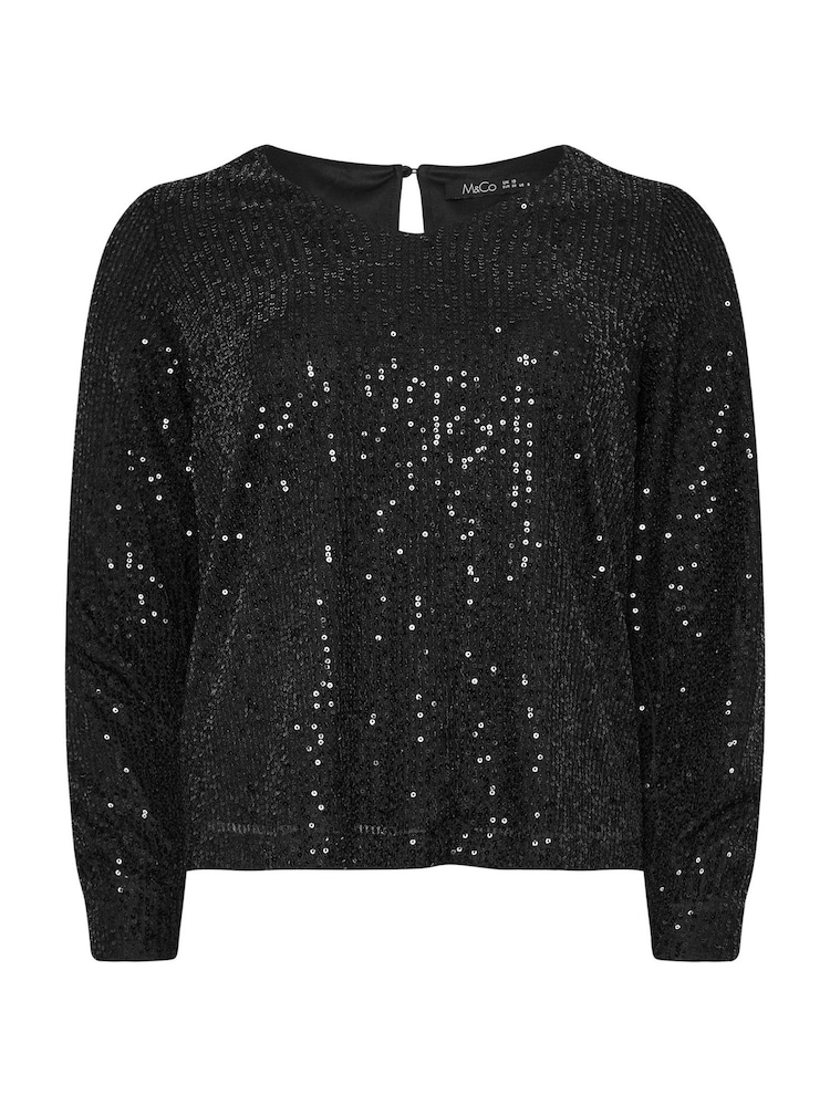 M&Co Black Petite V-Neck Long Sleeve Sequin Top - Image 5 of 5 M&Co Black Petite V-Neck Long Sleeve Sequin Top - Image 5 of 5