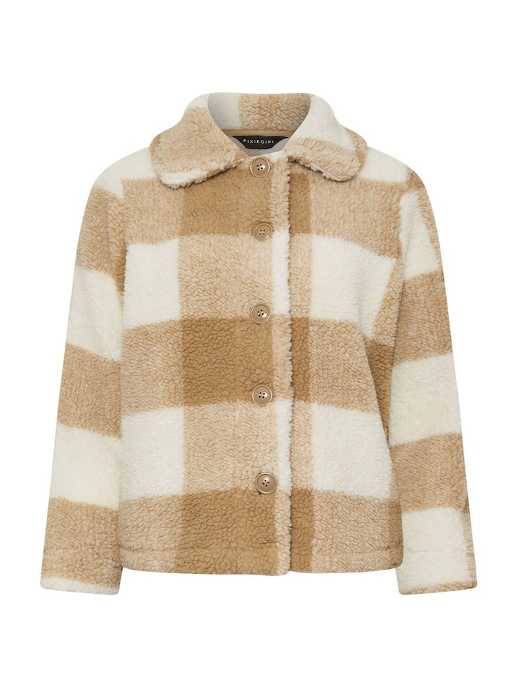PixieGirl Petite Natural Brown Check Teddy Fleece Jacket - Image 5 of 5