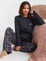 PixieGirl Petite Blue Check Long Sleeve 100% Cotton Wide Leg Pyjamas Set - Image 1 of 5