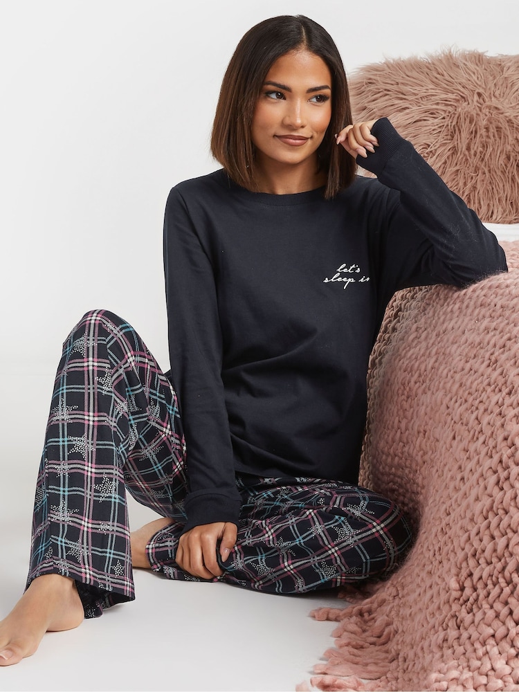 PixieGirl Petite Blue Check Long Sleeve 100% Cotton Wide Leg Pyjamas Set - Image 1 of 5 PixieGirl Petite Blue Check Long Sleeve 100% Cotton Wide Leg Pyjamas Set - Image 1 of 5