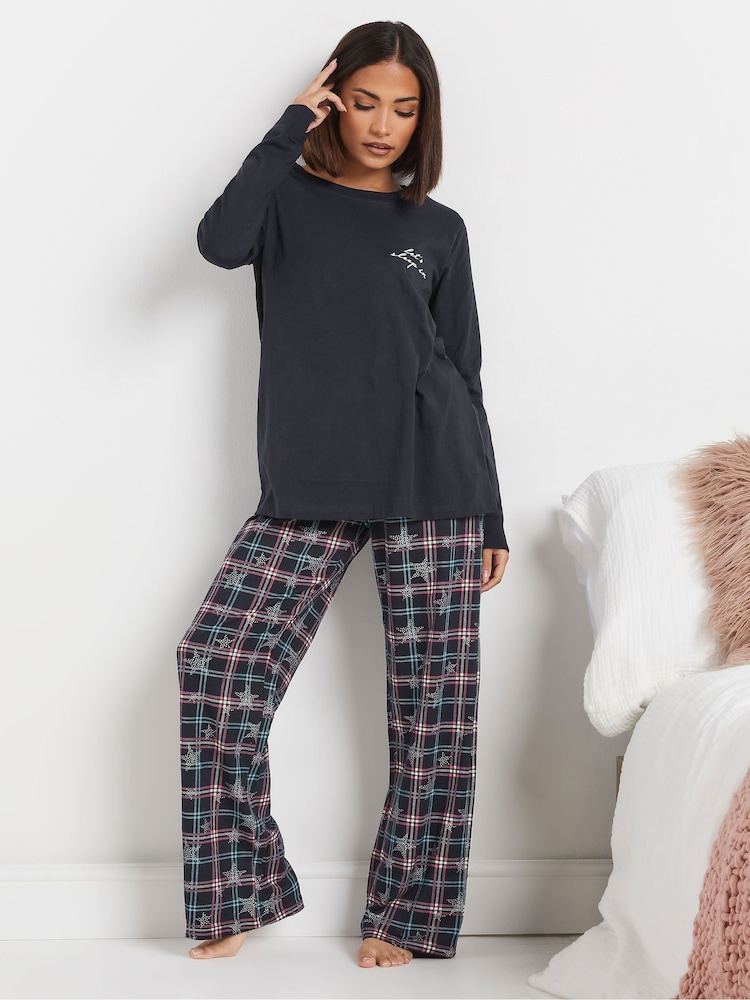 PixieGirl Petite Blue Check Long Sleeve 100% Cotton Wide Leg Pyjamas Set - Image 2 of 5 PixieGirl Petite Blue Check Long Sleeve 100% Cotton Wide Leg Pyjamas Set - Image 2 of 5